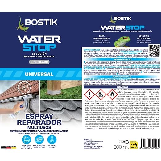 BOSTIK Waterstop Espray Reparador Multiusos Gris – Spray Impermeabilizante 500 ml
