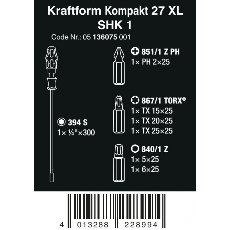 Bit-holder screwdriver with rigid blade 7 pieces Kraftform Kompakt 27 XL SHK 1 Wera