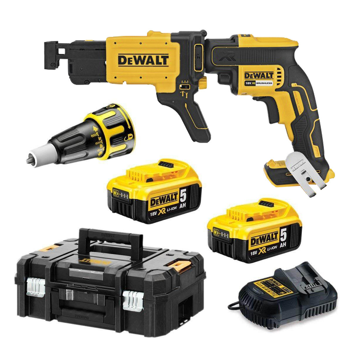 Atornillador para pladur Dewalt 18v 2 baterías 5.0 Ah con maletin + Cargador rápido de tornillos DCF620P2K