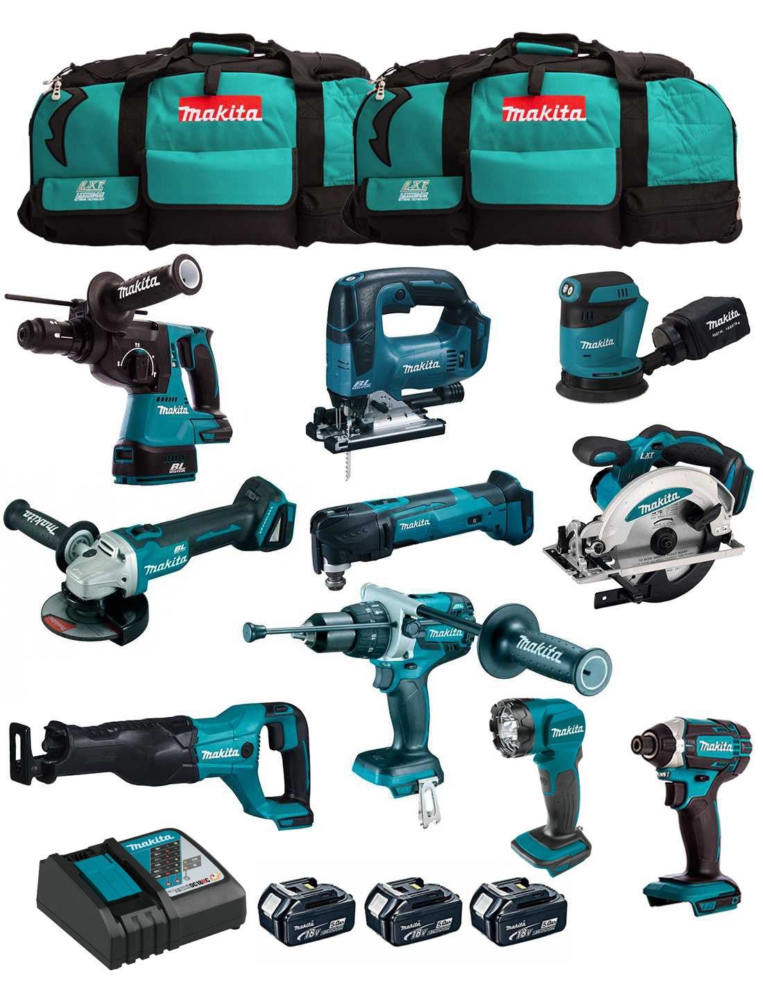 Kit Makita con 10 herramientas + 3 bat + cargador + 2 bolsas DLX1043BL3