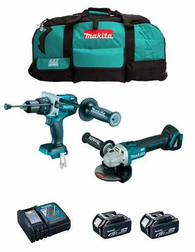 Kit Makita Taladro percutor DHP486 + Mini-amoladora DGA504 + 2bat 5Ah + cargador + bolsa LXT600 DLX2484BL2