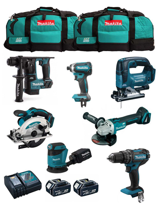 Kit Makita 7 herramientas + 2bat 5Ah + cargador + 2 bolsas LXT600 DLX7180BL2