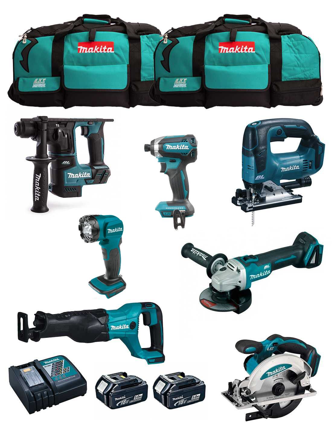 Kit Makita 7 herramientas + 2bat 5Ah + cargador + 2 bolsas LXT600 DLX7710BL2