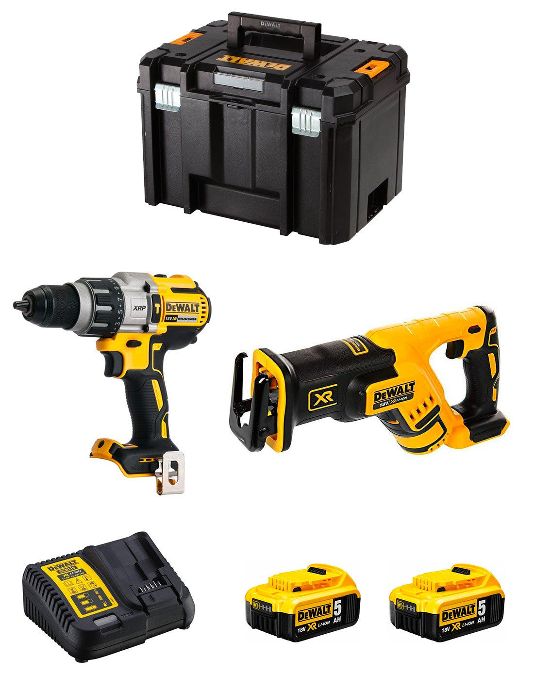 Kit Dewalt Taladro Percutor DCD996 + Sierra Sable DCS367 + 2bat 5Ah + cargador + TSTAK VI DCK267P2