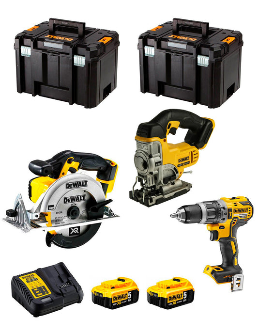 Kit Dewalt Taladro Percutor DCD796+ Sierra de Calar DCS331+ Sierra Circular DCS391+ 2bat 5Ah+ Cargador+ 2xTSTAK VI DCK391P2