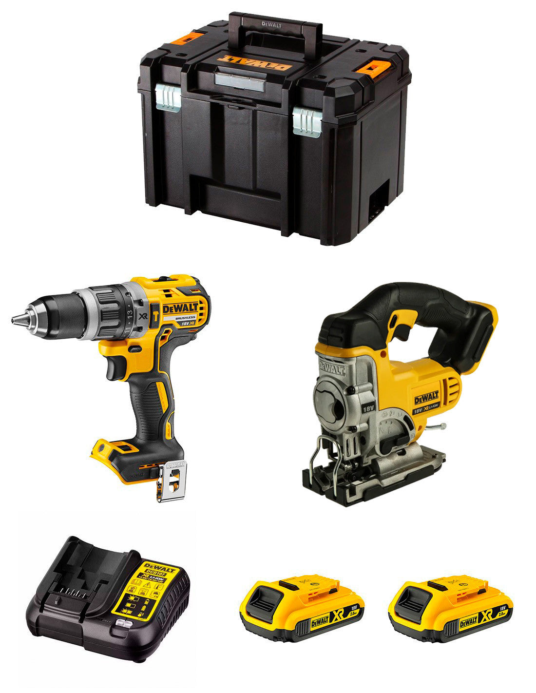 Dewalt Kit DCD796 Hammer Drill + DCS331 Jig Saw + 2bat 2Ah + DCB107 Charger + TSTAK VI DCK234D2