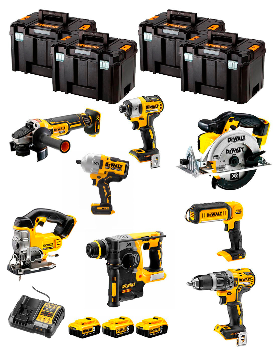 Kit Dewalt 8 herramientas + 3 bat 5ah + Cargador DCB1104 + 4xTstak VI Kit DCK894P3