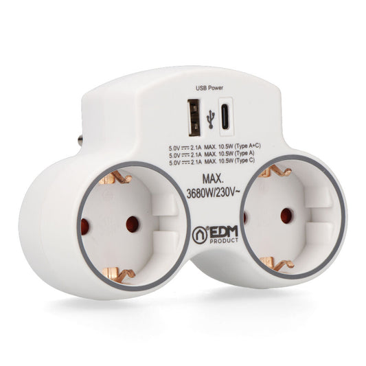 Adaptador 2 tomas 2P+T SCHUKO CON 2 USB (A + C) EDM