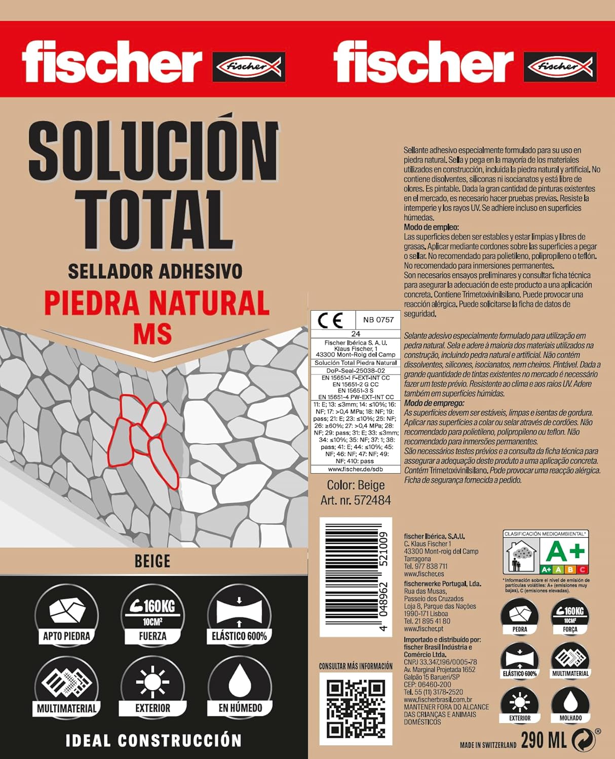 Cartucho Adhesivo Sellador Fischer Solucion Total Piedra Natural MS 290ml