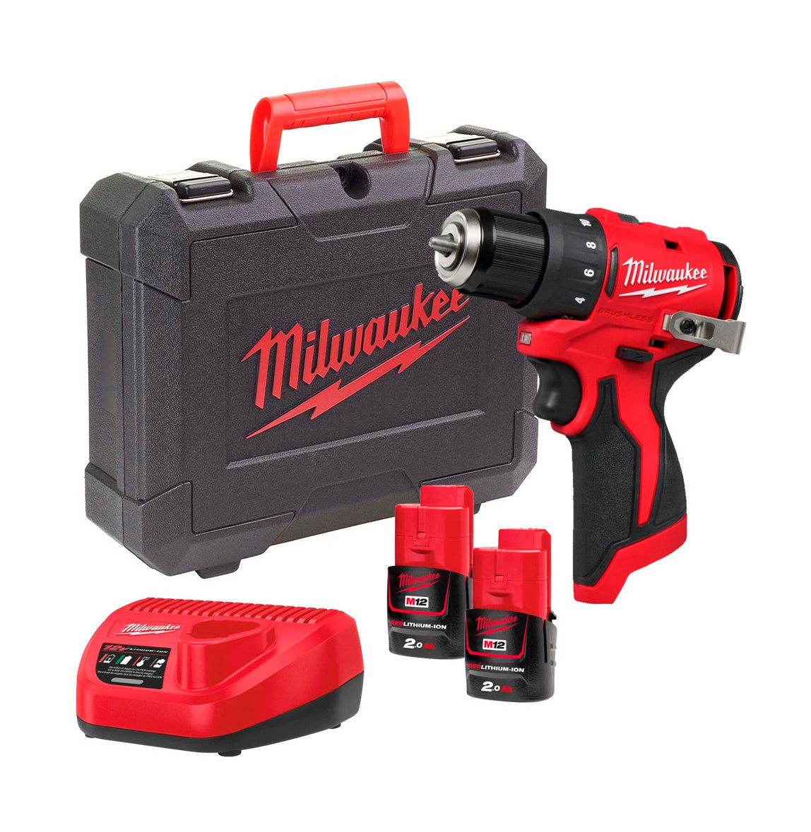 Milwaukee M12 BLDDRC-202C Drill/Driver + 2x 2.0Ah Batteries + Charger + Case