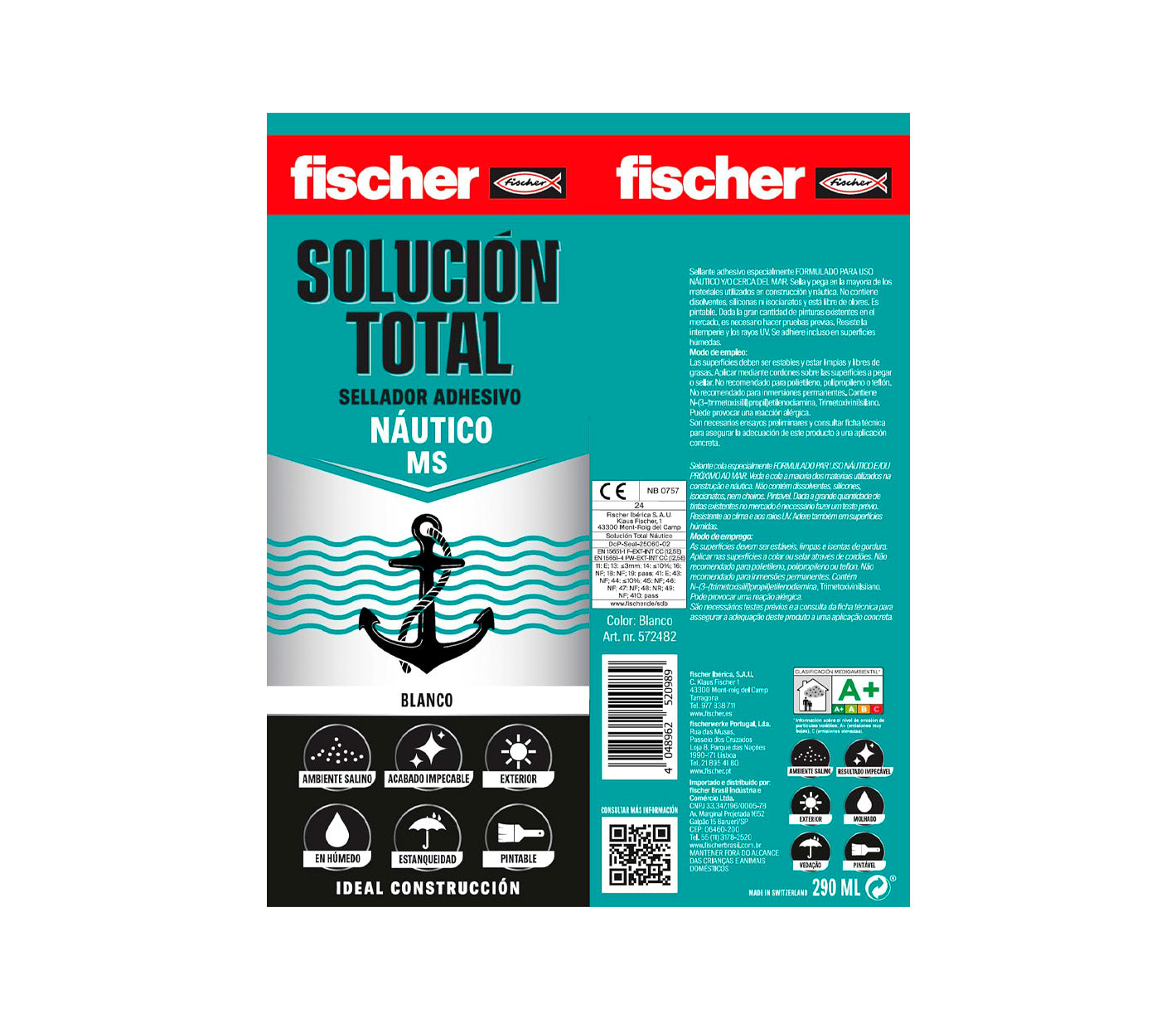 Cartucho Adhesivo Sellador 290ml Fischer MS Especial Náutico